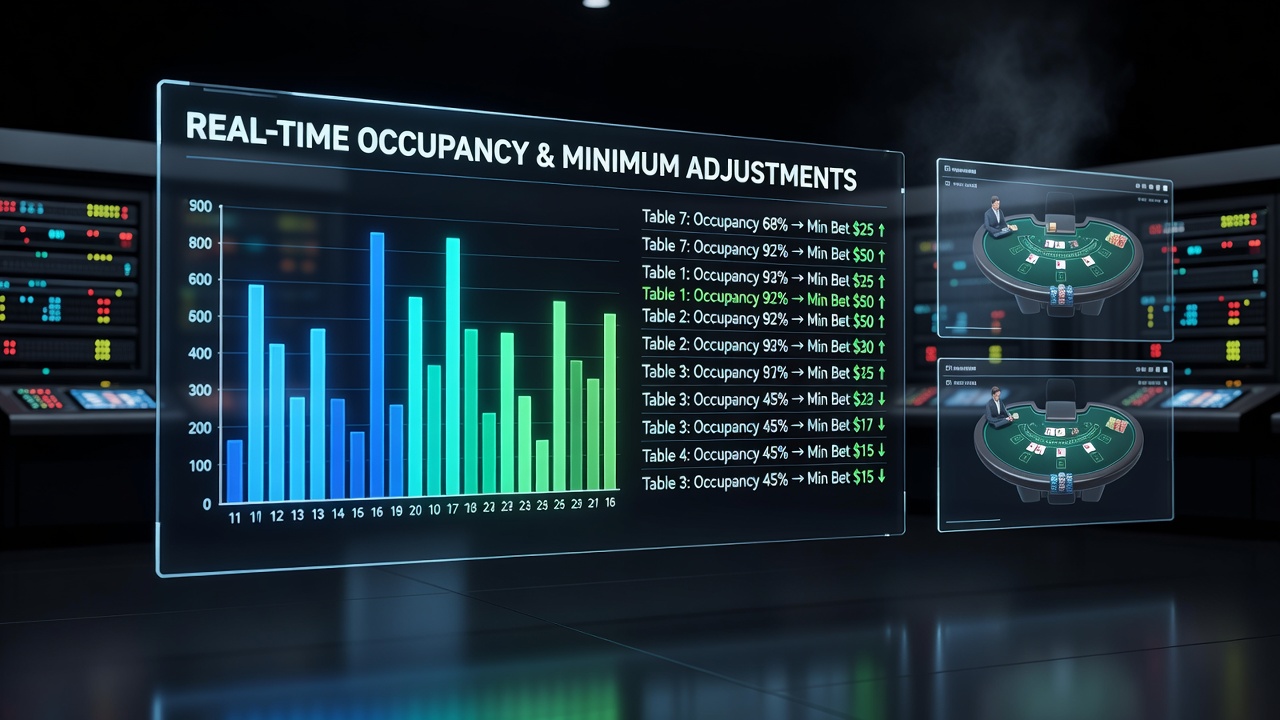 Virtual blackjack table interface showing real-time occupancy indicators and dynamic minimum bet displays