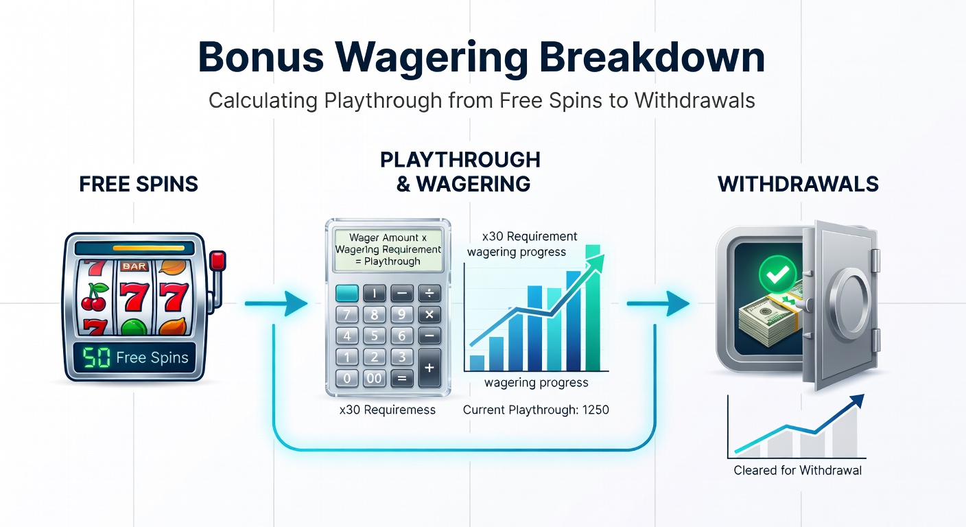 Illustration of a slot machine displaying free spins and wagering requirements, with mathematical symbols overlayed to represent playthrough calculations