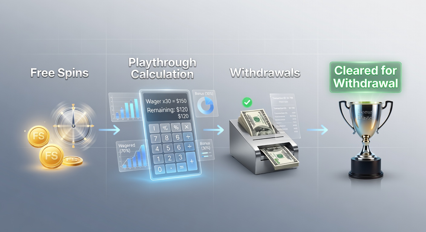 Close-up of a calculator screen showing bonus wagering math, surrounded by casino chips and a free spins icon, demonstrating real-time playthrough tracking