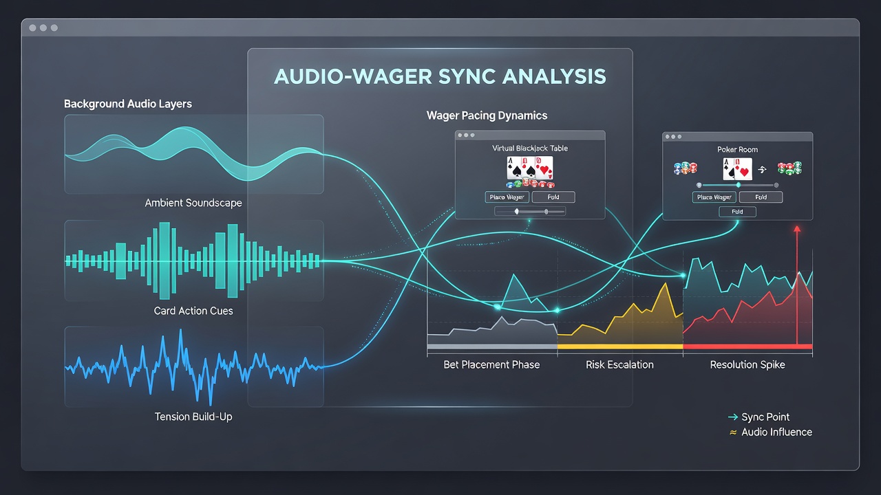 Close-up of digital card table with visible audio waveform overlay and wager controls