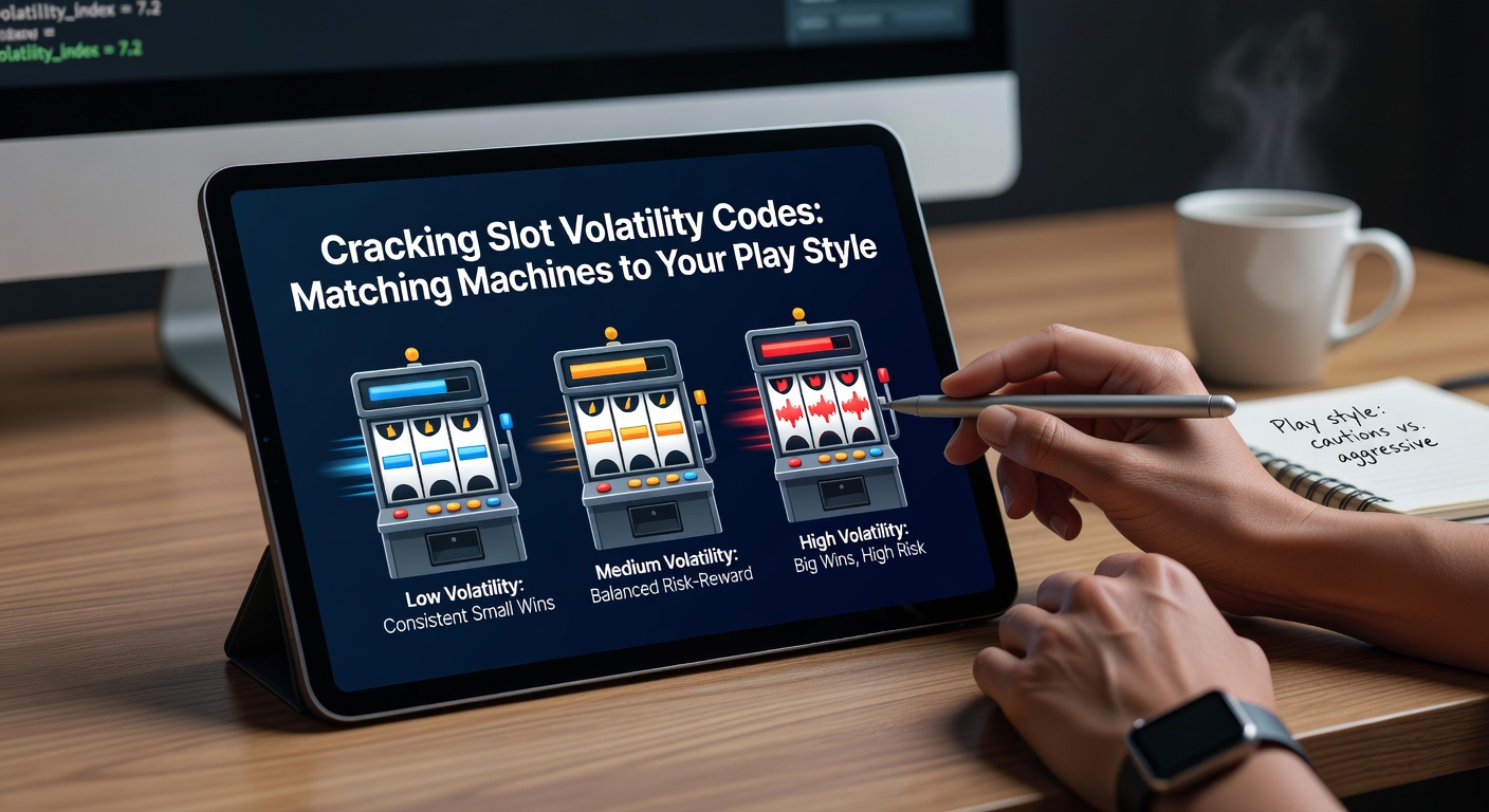 Colorful slot machine reels spinning with high and low volatility symbols highlighting different payout patterns