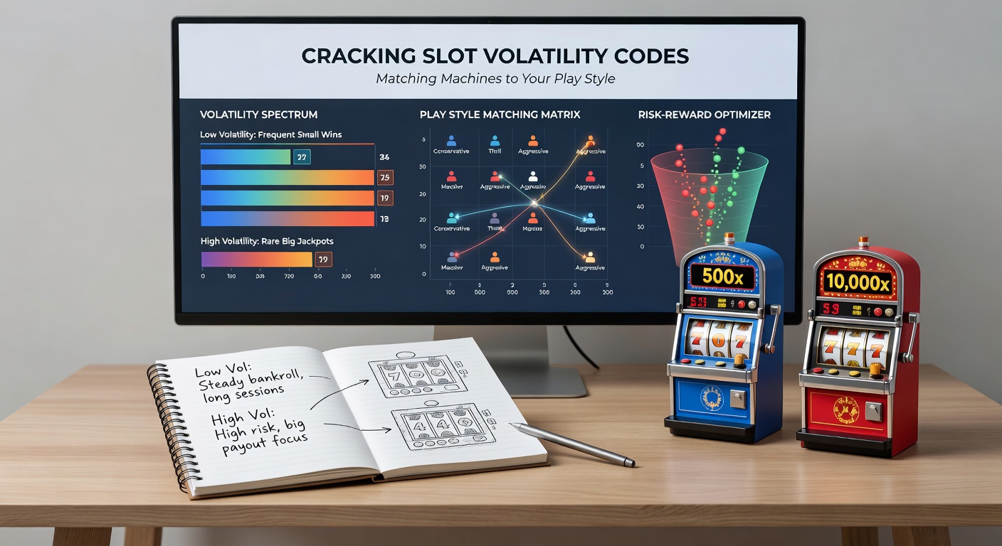 Player at a slot machine analyzing paytable with volatility charts overlaid, showing low and high risk payout curves