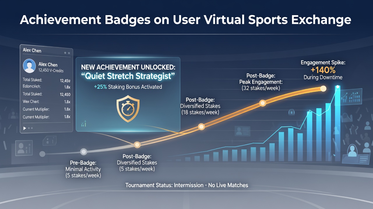 Virtual sports exchange interface displaying achievement badges alongside staking options during a tournament lull