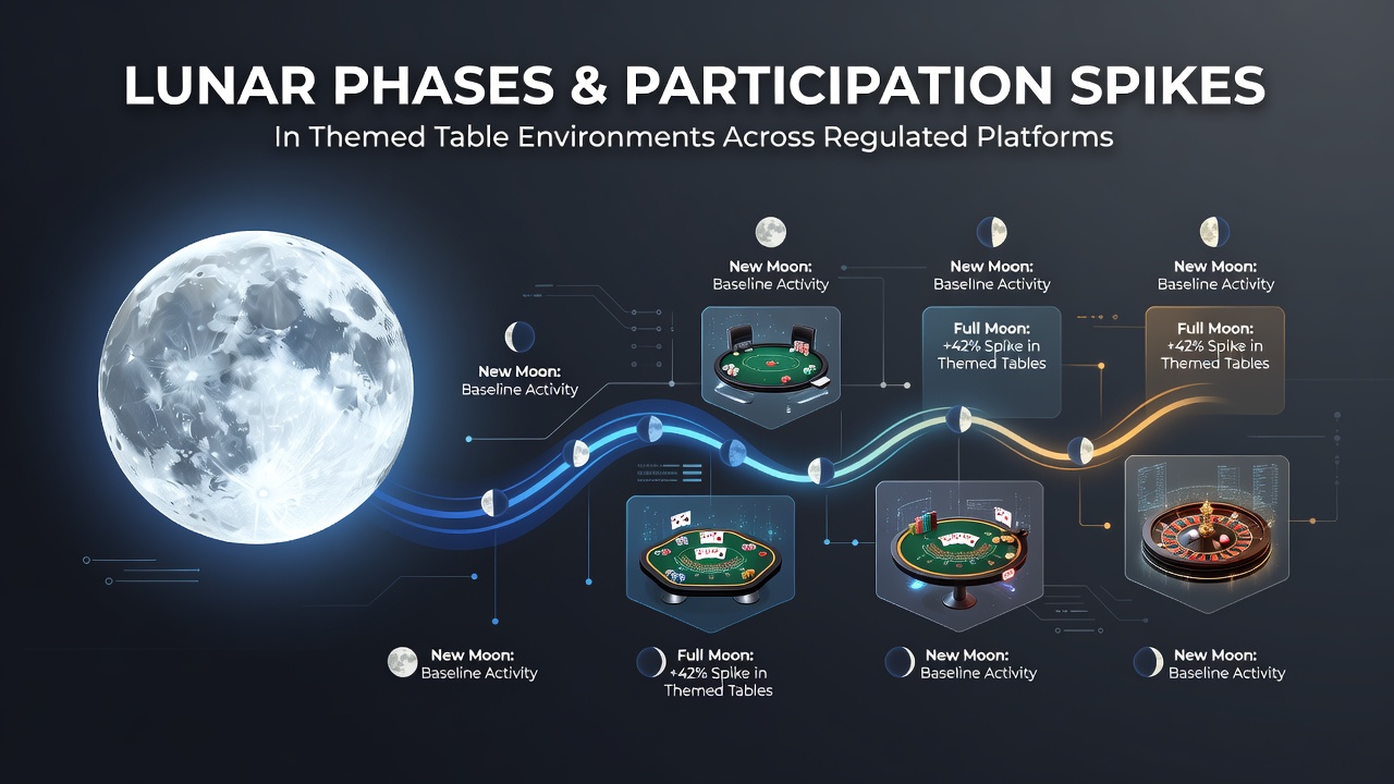 Lunar calendar overlay on digital table game interfaces showing participation trends during full moon periods