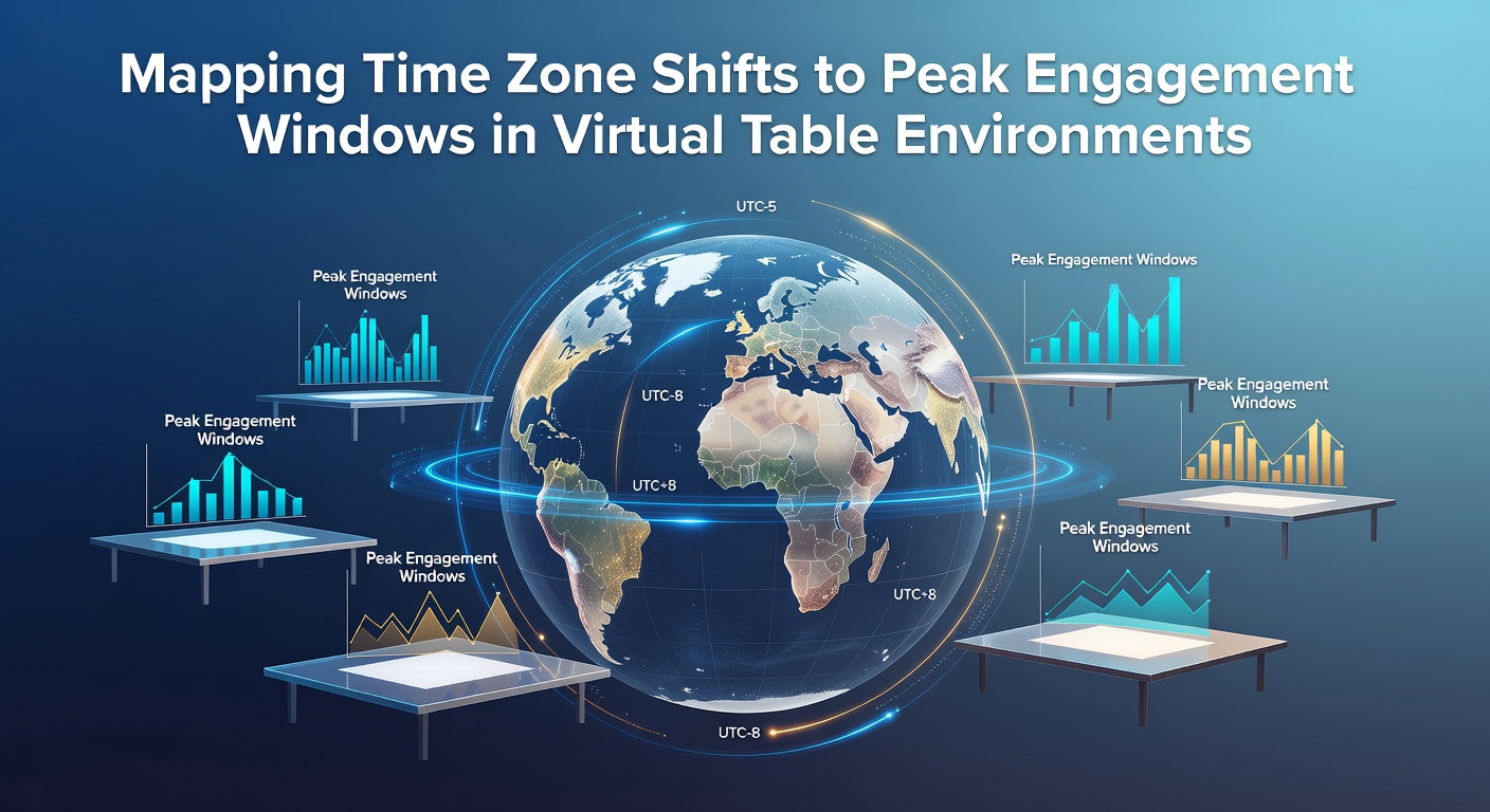 Global time zone map overlaid with virtual table engagement data points showing peak activity clusters across continents