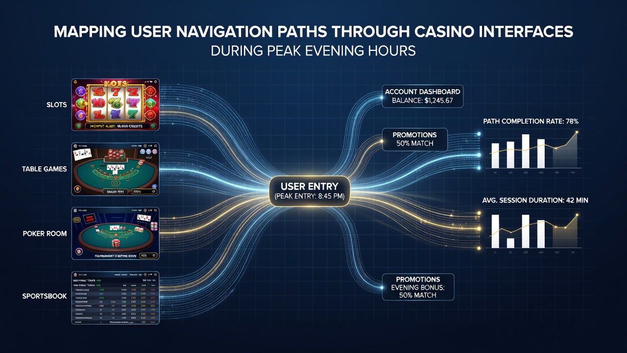 Heatmap visualization showing user navigation flows across casino interface elements during evening peak times