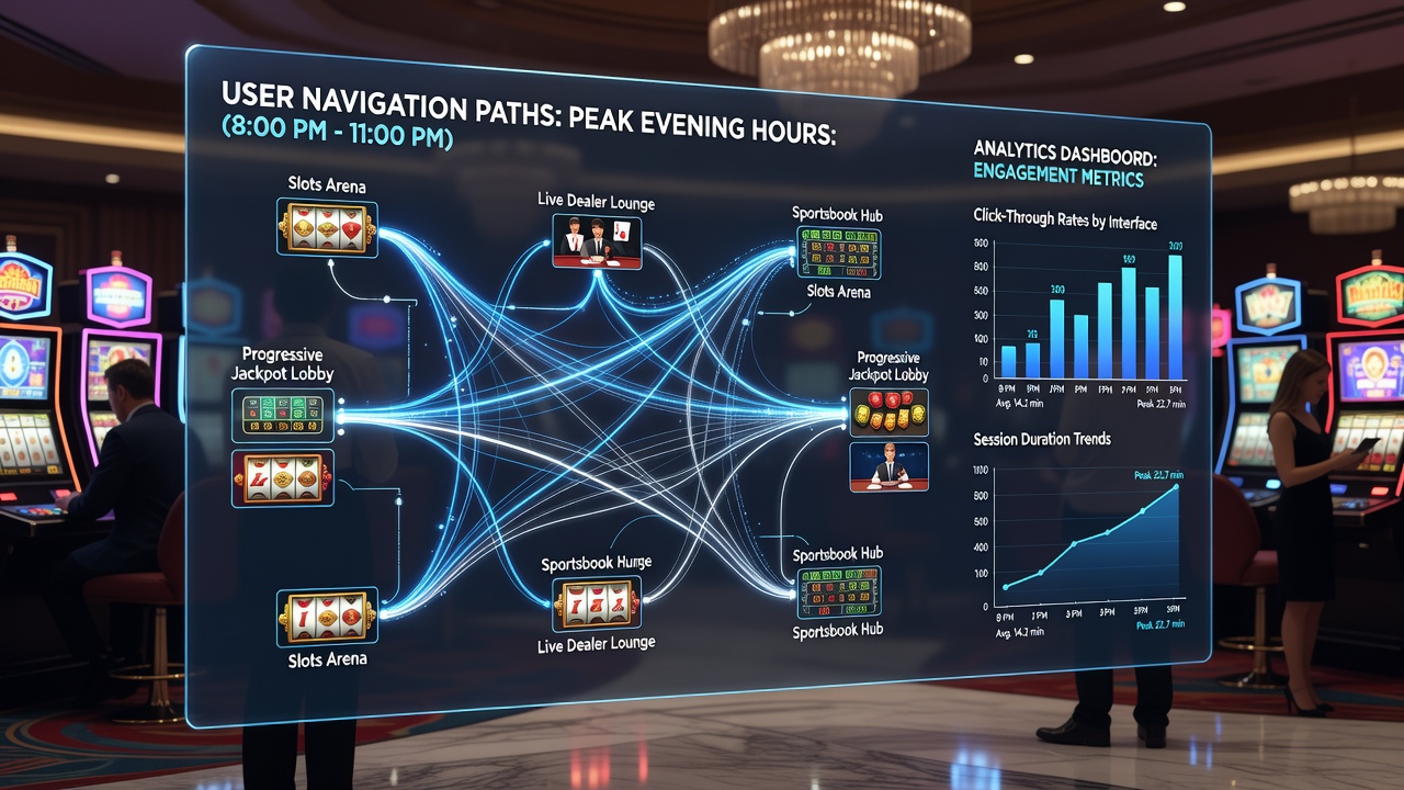 Flow diagram illustrating typical navigation sequences through casino lobby, game categories, and checkout areas in evening sessions