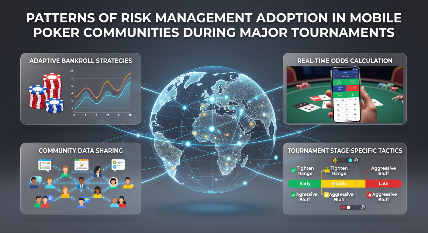 Mobile poker players analyzing risk strategies on smartphones during a major tournament event