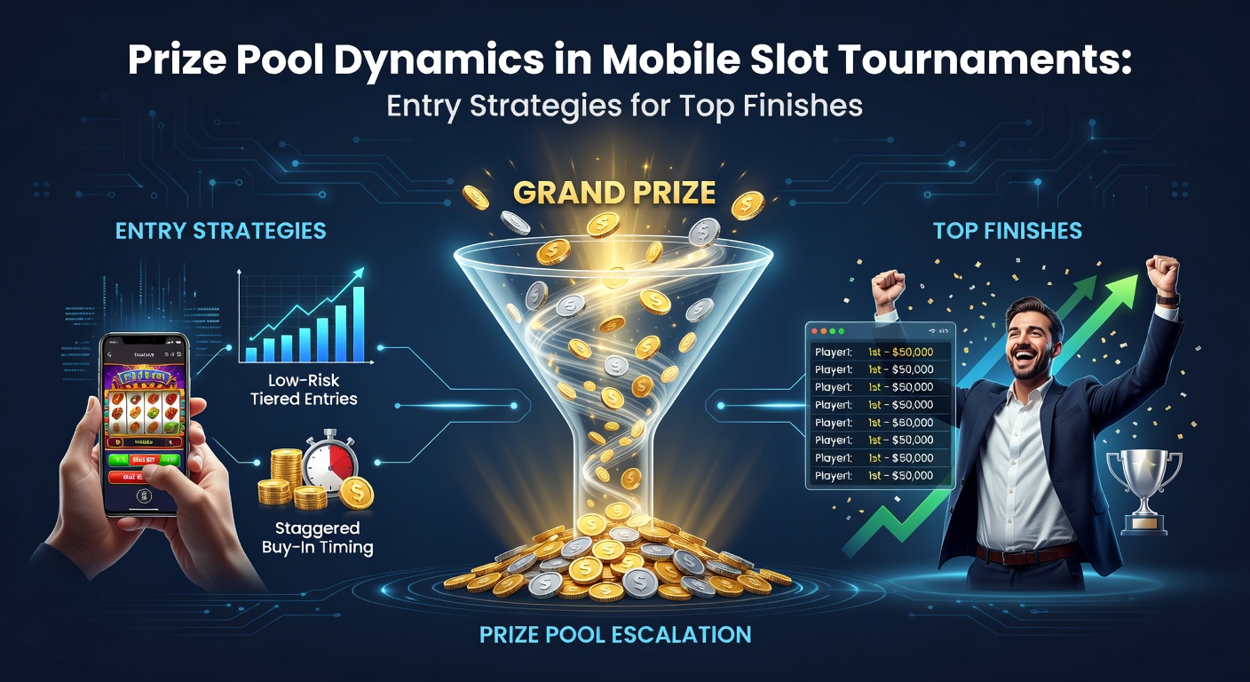 Dynamic visualization of a mobile slot tournament prize pool expanding with entrant contributions, showing leaderboard climbs and payout tiers