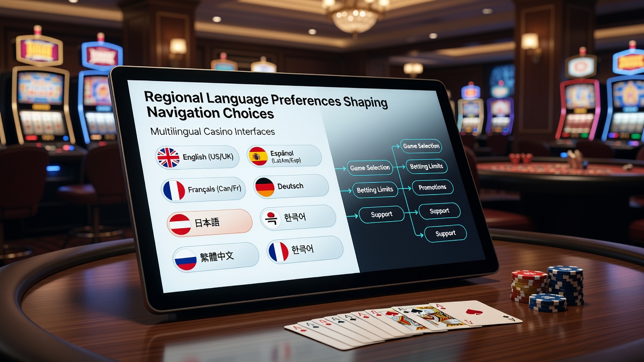 Multilingual casino interface showing language selection options across different regional layouts