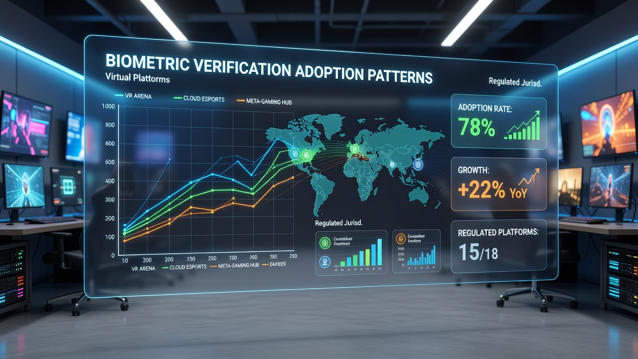 Data visualization chart tracking biometric verification adoption rates across different regulated gaming jurisdictions from 2023 to 2026