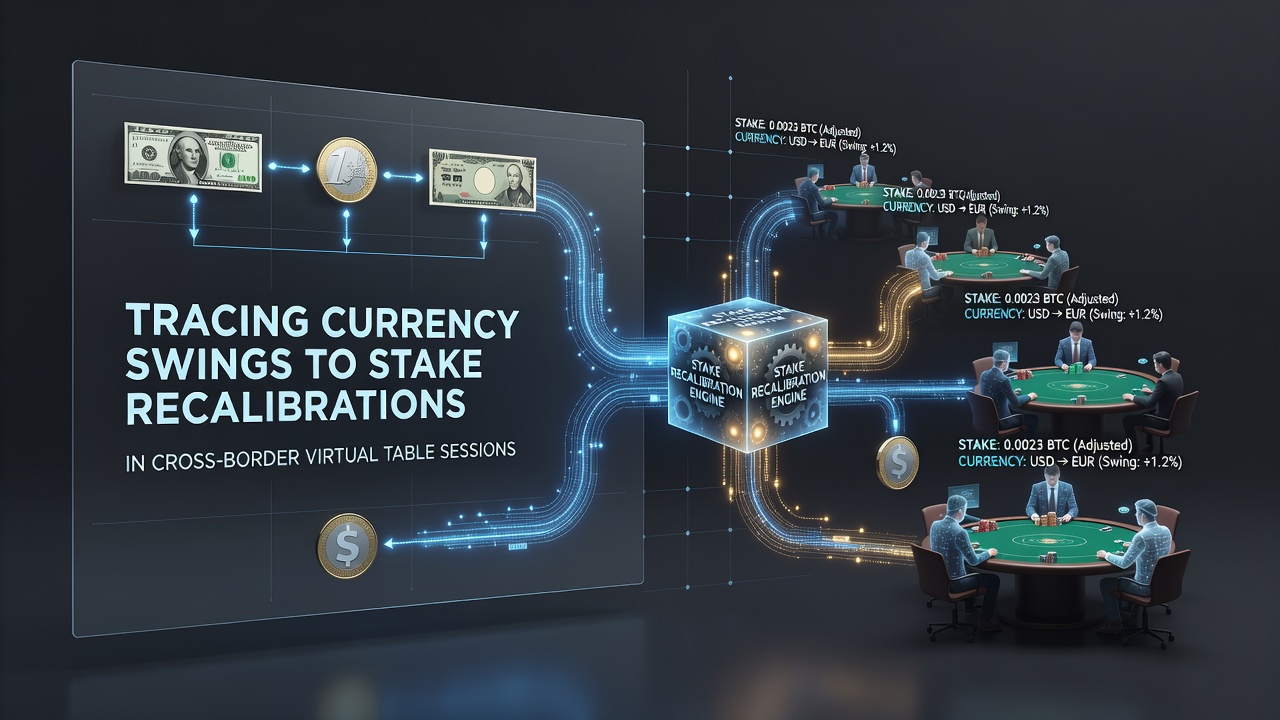 Currency fluctuation charts overlaid on virtual blackjack and roulette tables showing stake adjustments across borders
