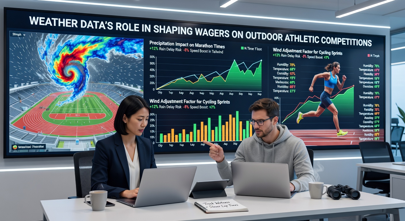 Analysts reviewing real-time weather dashboards alongside betting terminals for outdoor sports